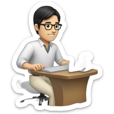 black haired white man with glasses typing in a computer sticker