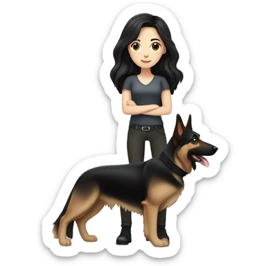 pale skin woman with long black hair standing by a german shepherd  sticker