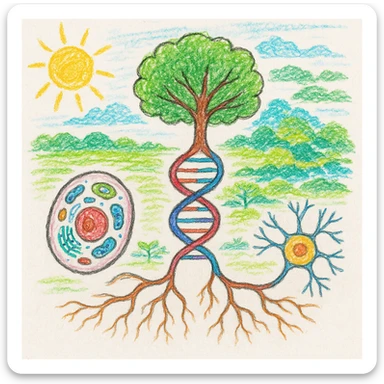 A realistic biological illustration (like in a school book) showing: DNA strands transitioning into a tree, cells with visible organelles, neurons connected to plant roots  and a balanced ecosystem background . Seamless integration, no labels or borders, complete white background (not off white!), detailed but minimalist.  sticker