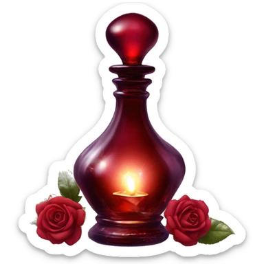 Dark red magic fairy light sparkling old Antique oil perfume bottle with herbal and rose flowers sticker