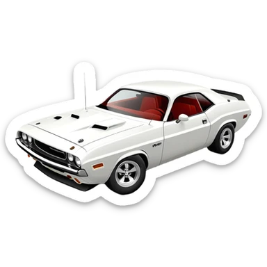 Iconic white 1971 Dodge Challenger from Death Proof, consistent 30-degree perspective with detailed front end and hood, maintaining authentic proportions, all-white color scheme, iOS emoji style sticker