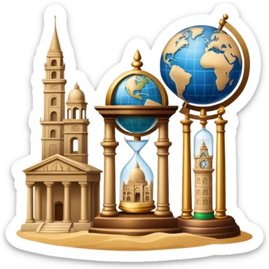 icon featuring ancient scrolls, quill pen, and a globe, with famous historical landmarks and monuments in the background. Large, antique sand clocks with sand pouring out represent the passage of time. Historical figures are depicted as statues. Transparent background. sticker