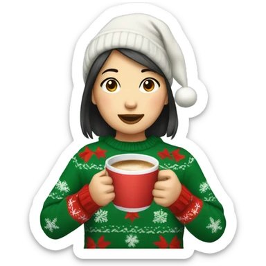 asian girl drinking coffee wearing Christmas sweater sticker