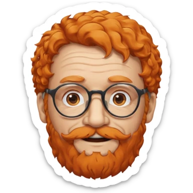 An elderly man with curly orange hair, brown eyes, black glasses, and a white beard, wearing a gentle smile. sticker