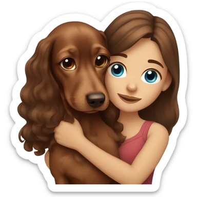 Brown long wavy hair girl with blue eyes cuddling a small brown dachshund sticker