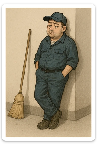 lazy janitor leaning against a wall, hands in pockets, broom on the ground, uninterested face sticker