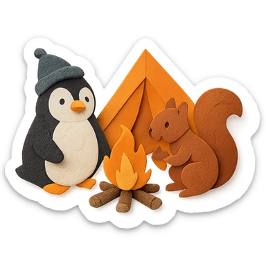 Pinguin und Eichhörnchen beim Campen, Papierbastel-Stil, Lagerfeuer sticker