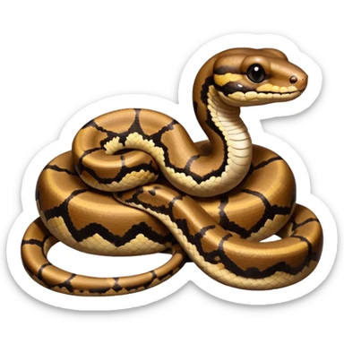 A photo-realistic digital illustration of a Ball Python, chest upward, with a short, rounded head, thick body, and a calm, curious expression. It has a warm brown base color with irregular dark blotches shaped like “alien heads,” and matte-textured scales that emphasize its small, stocky form. sticker