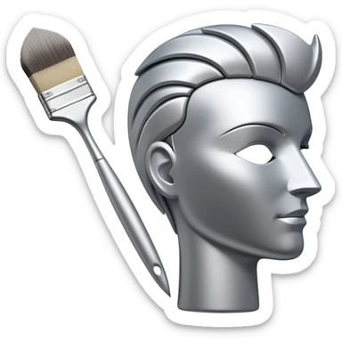 A paintbrush that transforms into a human metal silver silhouette sculpture emblem, symbol of artistic identity, with a highly polished silver metallic finish sticker