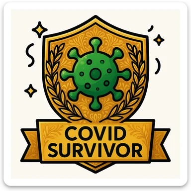 Make the badge more detailed: add intricate patterns to the shield, a more realistic virus symbol, subtle gradients, and a gold laurel wreath around the edge. Keep the celebratory style and 'COVID Survivor' text. sticker