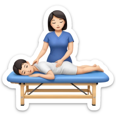 Large breasted asian woman gives a massage to a boy on a massage table sticker