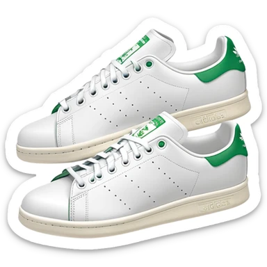 Pair of Adidas Stan Smith sneakers in white and green colorway, one positioned behind the other, both shoes shown from side angle sticker