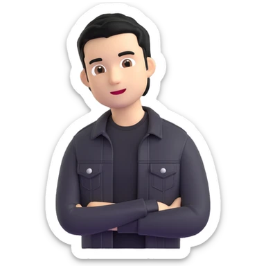 3D emoji style Microsoft, young man with black hair, wearing black t-shirt and black denim jacket, based on photo reference sticker