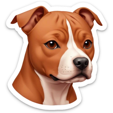 Cinematic Noble Red/Fawn Staffordshire Bull Terrier Portrait Emoji, Poised and regal, with a compact, muscular build and a sleek, well-groomed red/fawn Fur accented by subtle white markings, deep-set soulful dark eyes, Simplified yet sharp and sophisticated features, highly detailed, glowing with a soft, dignified glow, high shine, intelligent and loyal, stylized with an air of strength, focused and attentive, soft glowing outline, capturing the essence of a watchful and confident guardian, so majestic it feels as though it could stride out of the screen with effortless authority! sticker
