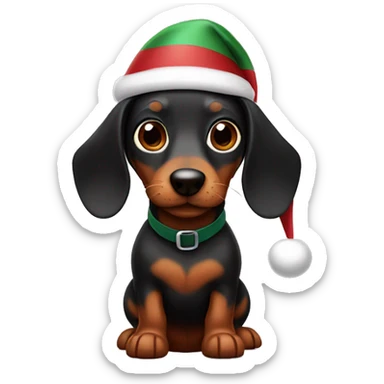 A black and brown Wiener Dog wearing a Santa hat sticker