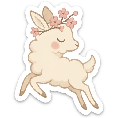 vanilla-colored cloud doe with rosy cheeks, wearing a cherry blossom crown, floating gracefully with witch-like elegance, designed as a brand identity mascot for social media sticker