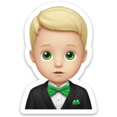 baby boy in suit, with green bow sticker