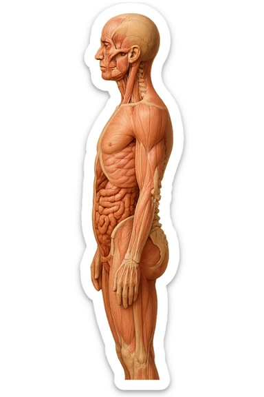 CORPO UMANO ANATOMICO REALISTICO DI PROFILO CON CURVA LOMBARE PIATTA, iperrealistico 4k sticker