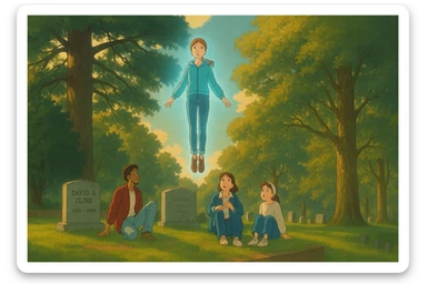 Create a scene inspired by Stranger Things featuring a girl levitating above a grave in a cemetery, with three friends watching her from the ground. Render in Ghibli style with a wide aspect ratio (16:9). The atmosphere should be expressive and cinematic with a supernatural vibe. Use the reference image for composition and mood guidance. sticker