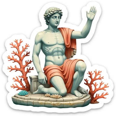 sunken greek statue, include water and coral in the sea sticker