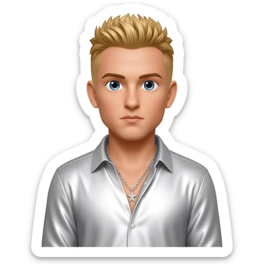 Nick Carter from Backstreet Boys with blue eyes, blonde hair, white metallic shirt, silver necklace sticker