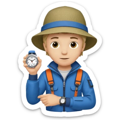 Boy in fishing suit looking at his wristwatch sticker