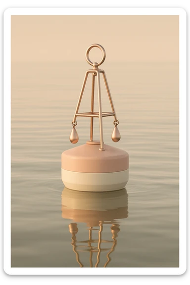 modern buoy with pendants, floating on calm water, minimal girly accents, mature and tasteful, realistic style sticker