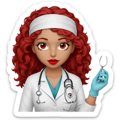 Lilith scalpel in hand, evil surgeon sexy surgeon clothes.  She has red eyes.Her  brown long curly hair. Wears sexy doctor outfit with red gloves. Hides mouth necknose with red bandana to hide her identity. Hair is long and brown sticker