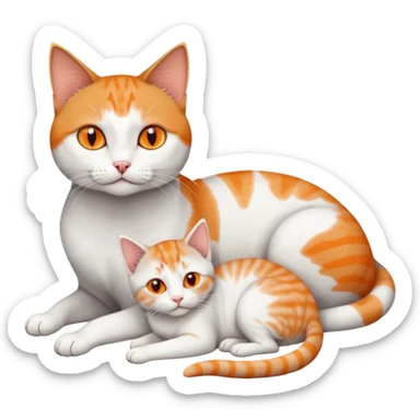 full body of a grey and white cat cuddling a very small + skinny ginger and white kitten with deep orange eyes and triangular shaped face lying down sticker