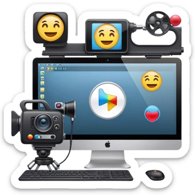 Create an emoji of video editing. Should feature a video editing timeline or interface on a computer screen, showing clips and a playhead. Include a video camera and editing tools. No smiley faces. Make the background transparent. sticker