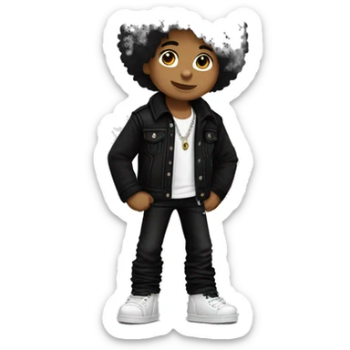 Teddy bear full body, standing, wearing true religion black jacket and black pants, new rocks black boots, black hair medium length straight messy  sticker