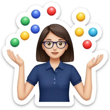 a brunette girl in a navy shirt wearing glasses is  juggling 5 multicolored balls with two hands  sticker