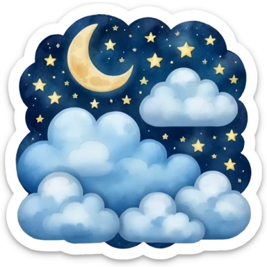 "A dreamy blue celestial night with stars, moon, and clouds, watercolor style." sticker
