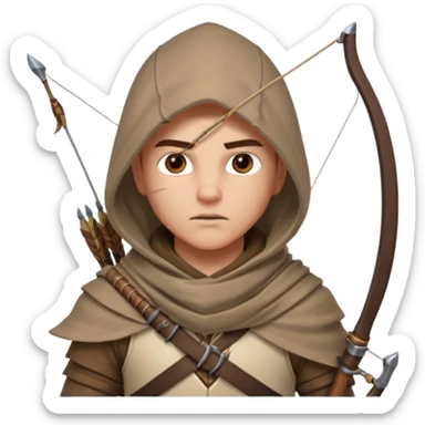 desert archer warrior portrait, head and shoulders only, hooded scarf collar, quiver strap visible, sharp focused eyes, 3D cartoon, mobile game icon style, clean background, no text, no watermark
 sticker