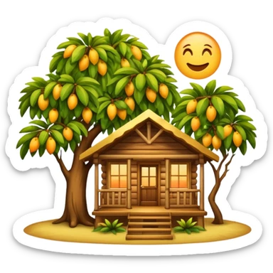 Warm wooden cabin with front porch under a mango tree branch, sunset sky in the background. Cozy, peaceful, emoji-style with soft edges and golden tones. sticker