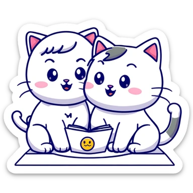 two girls watching a cute kitty drawing an emoji, playful cartoon style sticker