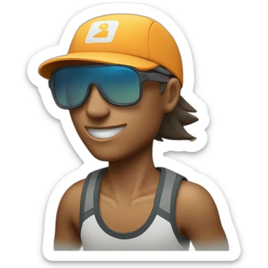 a trail runner running with cap a light Running Vest and a pair of sunglasses sticker