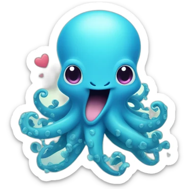 cute blue kraken with adorable face with many hearts around sticker