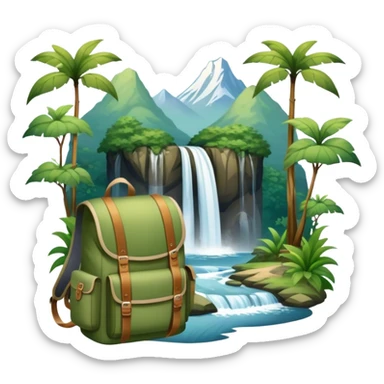 Icon for Ecotourism: lightweight hiking backpack and a scenic landscape with lush green forests, a waterfall, and wildlife, such as birds or animals in background. Transparent background. sticker