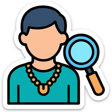 modern icon of a person using a magnifying glass to examine a gold necklace sticker