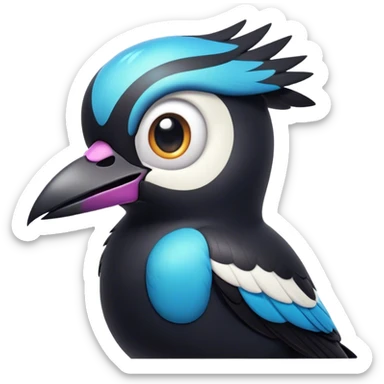 Cinematic Comical Magpie Portrait Emoji, Head tilted dramatically with an exaggeratedly shocked expression, featuring a vibrant, glossy form with wide, comically expressive eyes full of playful disbelief and a subtly animated beak, Simplified yet hilariously expressive features, highly detailed, glowing with a slightly sassy urban glow, high shine, dramatic yet playful, stylized with an air of cheeky mischief, soft glowing outline, capturing the essence of a meme-worthy magpie that looks ready to side-eye its way into viral fame! sticker