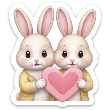 Two bunnies holding one Valentine card in soft pink, beige and yellow pastel colors sticker