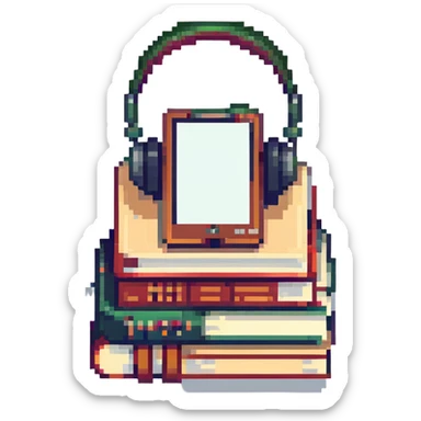 a stack of books with a digital tablet and headphones, symbolizing e-learning, pixel art style sticker