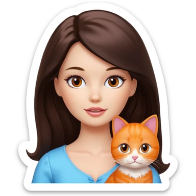 White Barbie girl dark brown long hair with British orange kitty sticker