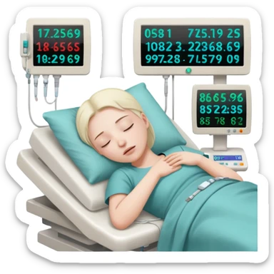 a PATIENT waking up before a surgery sleeping. And monitors with vitals and numbers sticker
