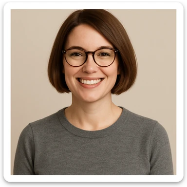 white female, brown bob hairstyle, glasses, smiling, upper body, plain background sticker