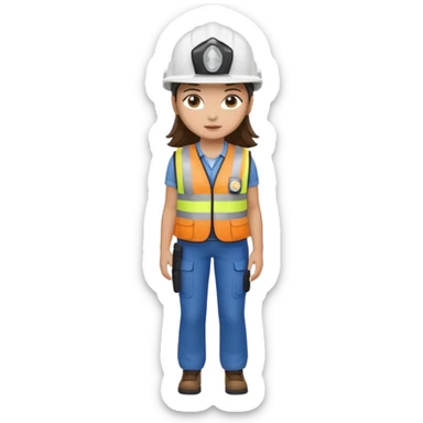 Brunette brown Girl full body standing with her white security helmet and security vest on sticker