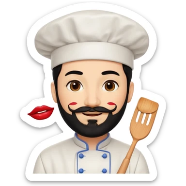 CHEF CON PELO NEGRO Y BARBA NEGRA, OJOS MARRON OSCURO. SONRIE Y TIENE MARCAS DE BESOS CON PINTALABIOS EN FORMA DE LABIOS sticker