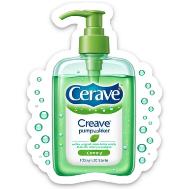 `CeraVe-shaped white rectangular pump bottle with soft green label CeraVe” stripe. Surrounded by floating water bubbles, glowing light particles, and a gentle green mist. Feels like a calm hydration spell in a bottle. Clean, glossy, emoji-style.`magical
 sticker