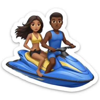 Dark male dark hair & light tan female long dark hair on a blue jet ski no sunglasses sticker